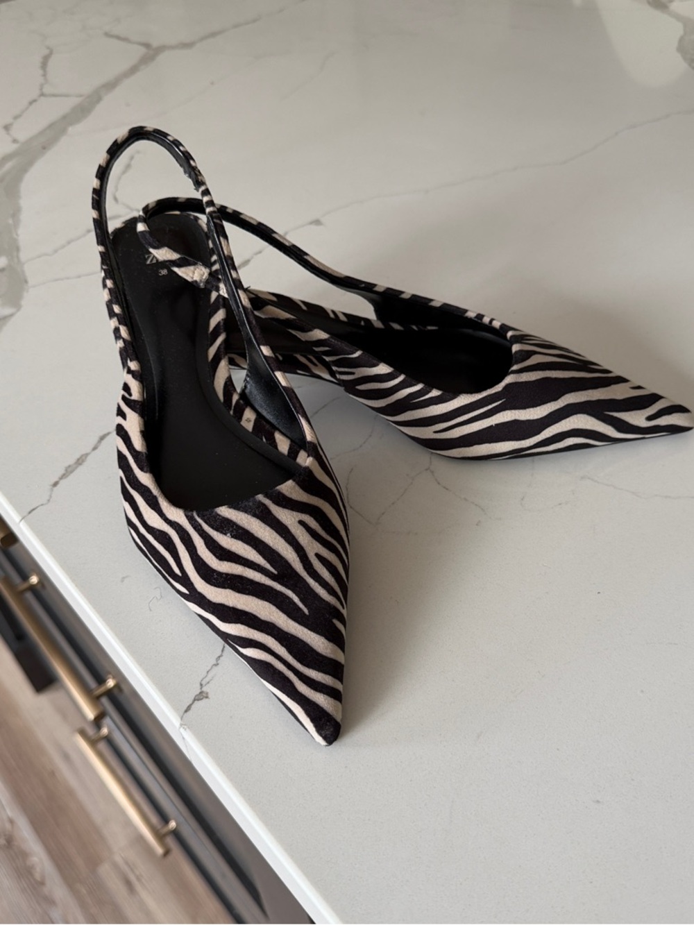 Zara Zebra-Print Pointed Slingback Heels - Black & Cream